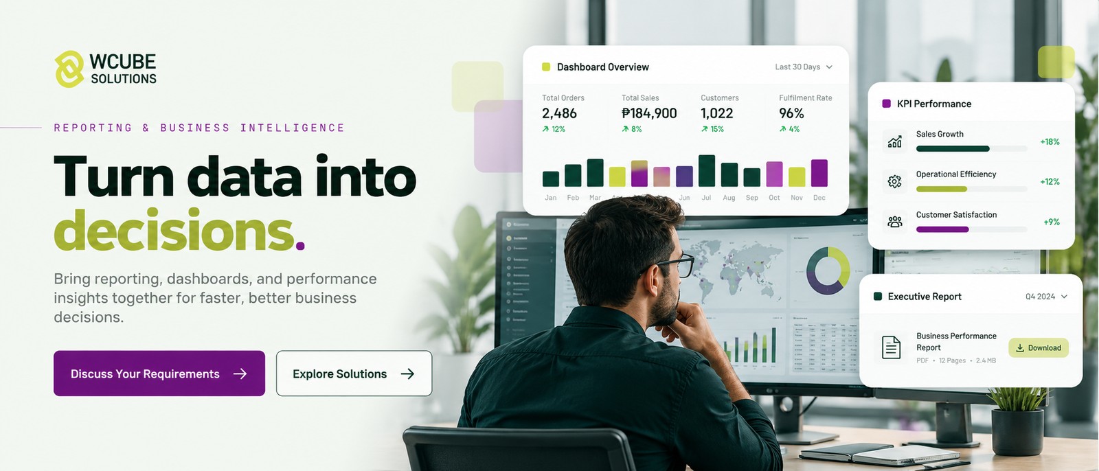 Analyst reviewing illustrative business dashboards and performance reports.