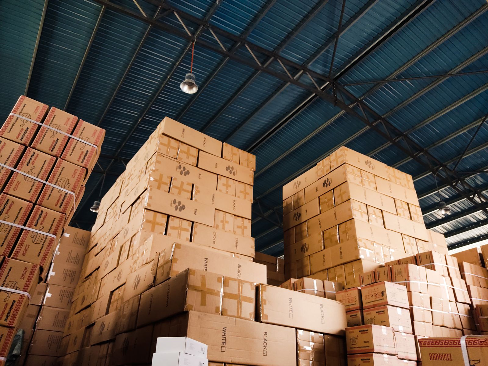 Palletised stock in a warehouse.