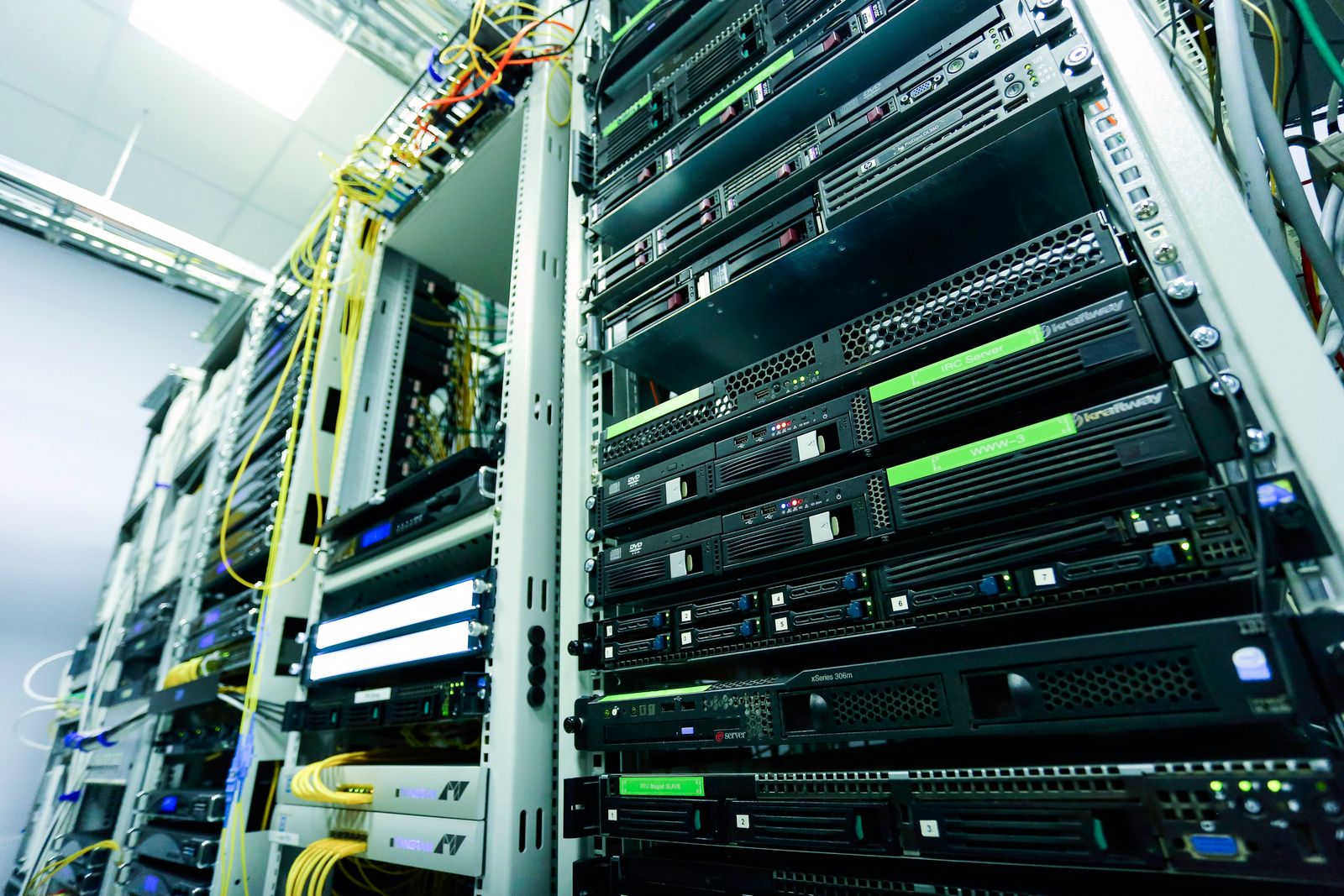 Commissioned server rack with network cabling.